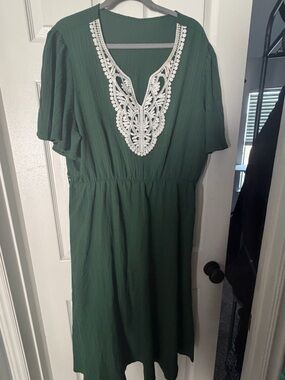 Forest Green Midi Dress with Lace V-Neck